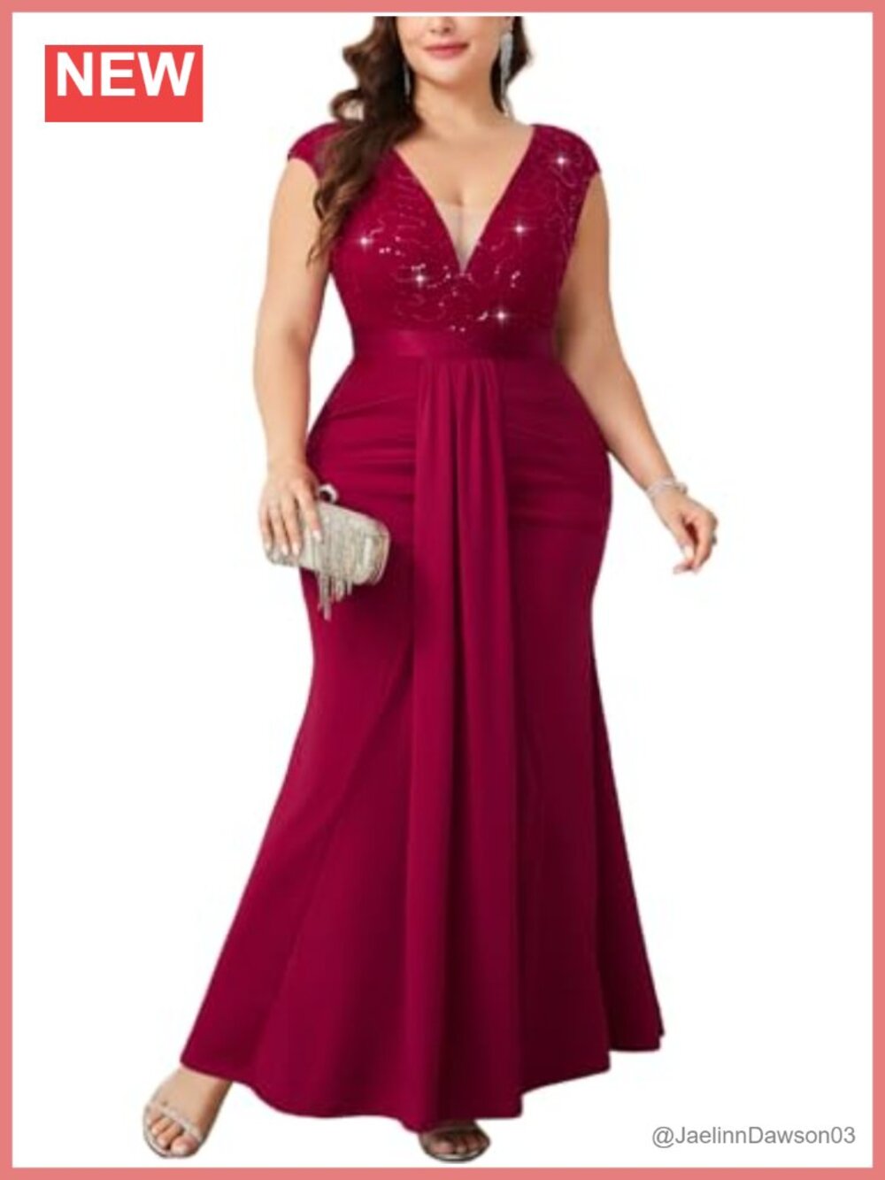Plus Size Sequin Lace V Neck Mermaid Maxi Formal Evening Gown